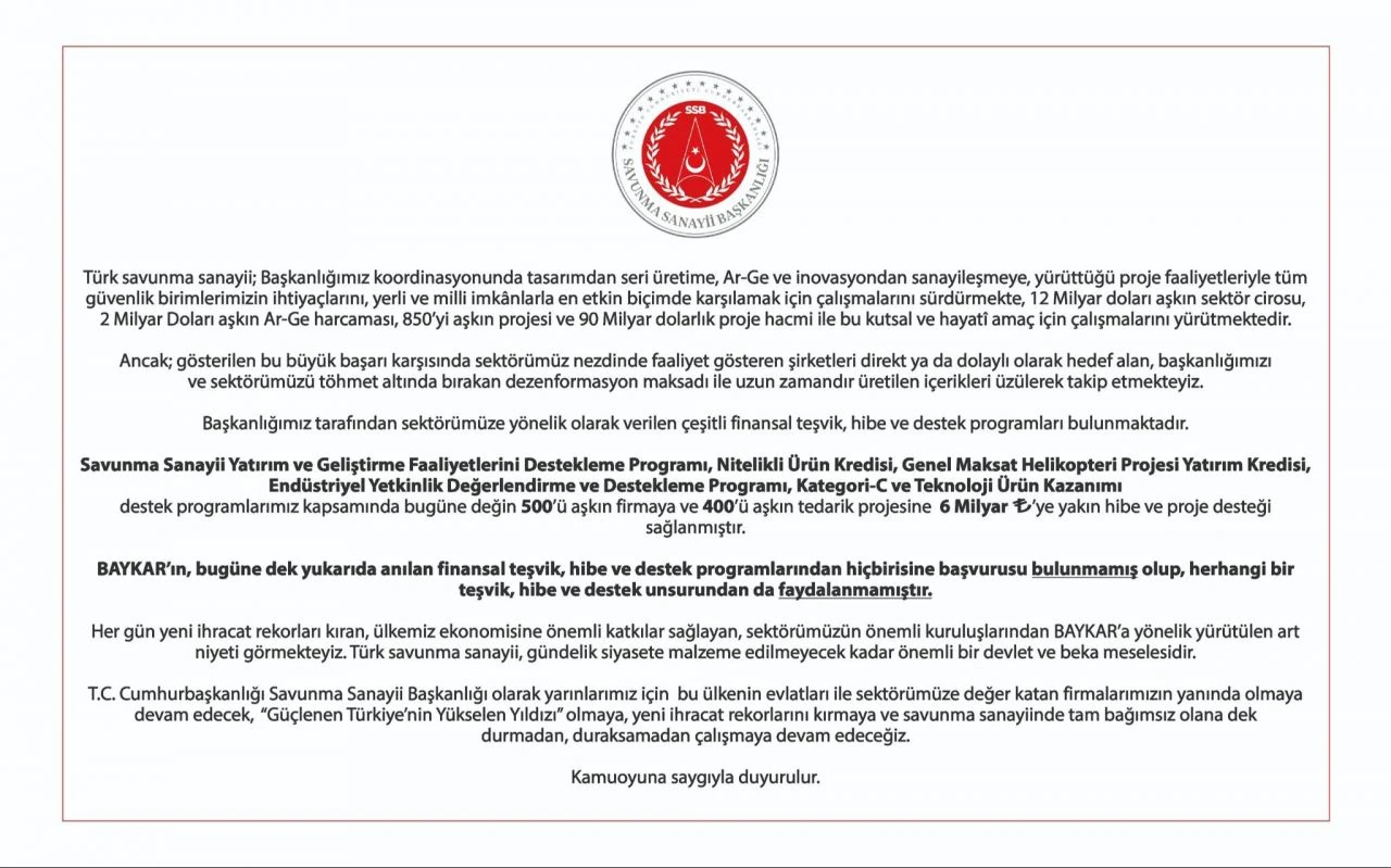 Savunma Sanayi Başkanlığı'ndan 'BAYKAR' iddialarına cevap