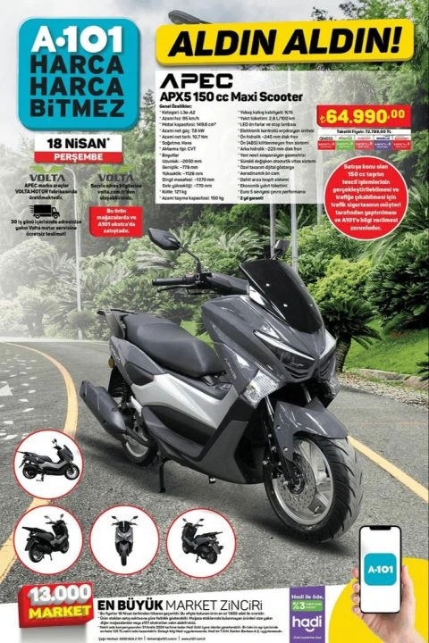 Motor tutkunları soluğu A101'de alacak! APEC APX5 150 cc Maxi Scooter 64.990 TL