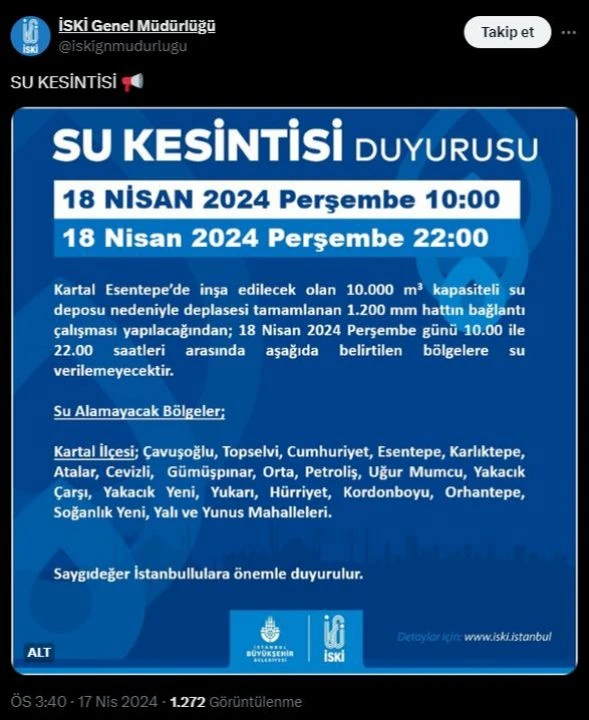 İstanbul Kartal'da 18 Nisan Perşembe günü saat 10.00-22.00 arasında sular olmayacak