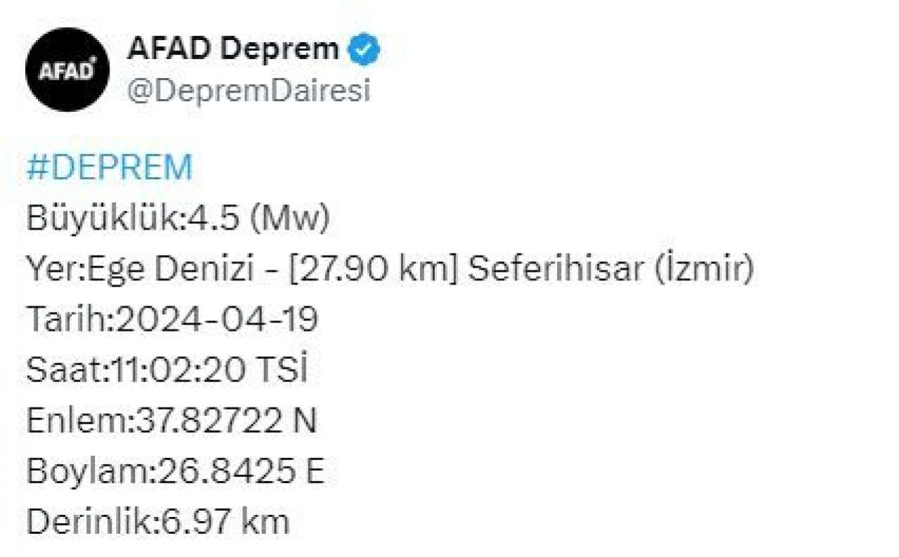 İzmir Seferihisar'da olan depremin 4.5 büyüklüğünde olduğu açıklandı