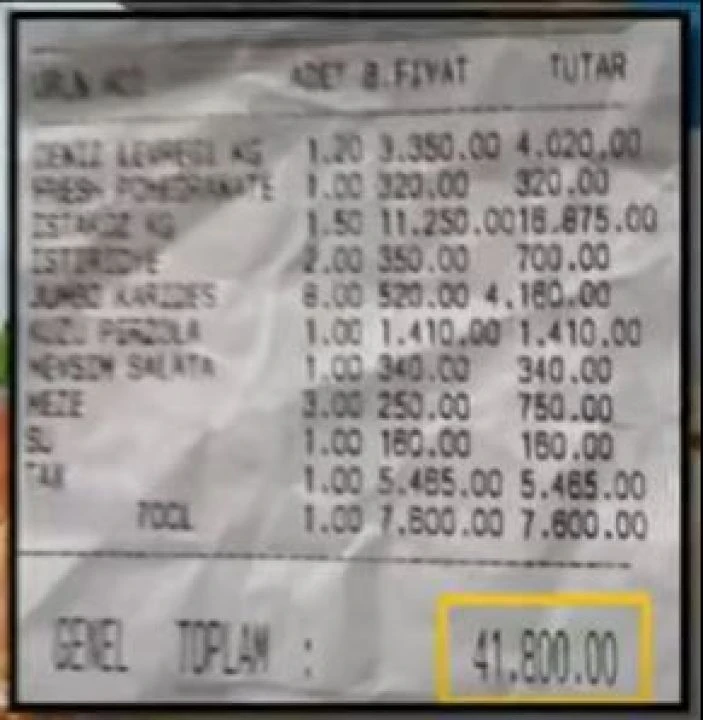 Adisyonu görenler gözlerine inanamadı! Tam tamına 41 bin 800 lira hesap geldi - 1. Resim