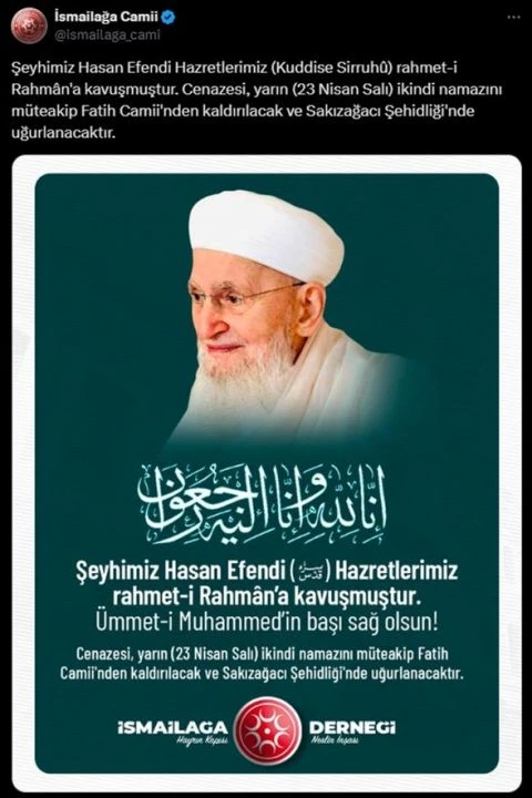 İsmailağa Cemaati lideri Hasan Efendi'nin cenazesi ikindi namazına müteakip Fatih Camii'nden kaldırılacak - 1. Resim