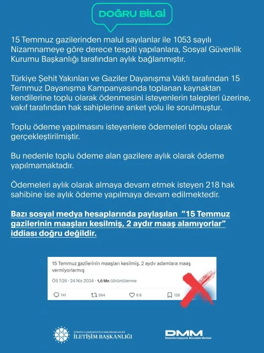 Cumhurbaşkanlığı'ndan 15 Temmuz gazilerinin maaşının kesildiği iddiasına açıklama