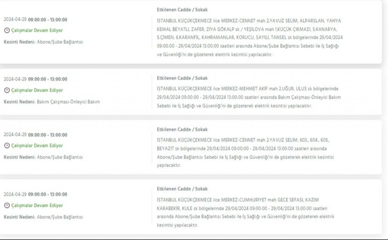 29 Nisan Pazartesi günü İstanbul'da Avcılar, Bakırköy, Fatih, Bağcılar, Esenyurt dahil 21 ilçede elektrik kesintisi yaşanacak