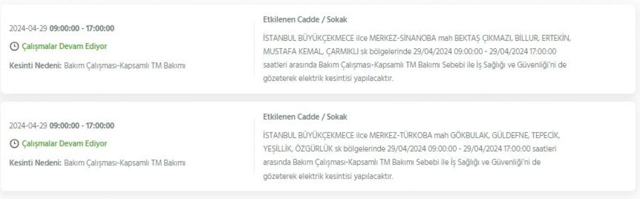 29 Nisan Pazartesi günü İstanbul'da Avcılar, Bakırköy, Fatih, Bağcılar, Esenyurt dahil 21 ilçede elektrik kesintisi yaşanacak