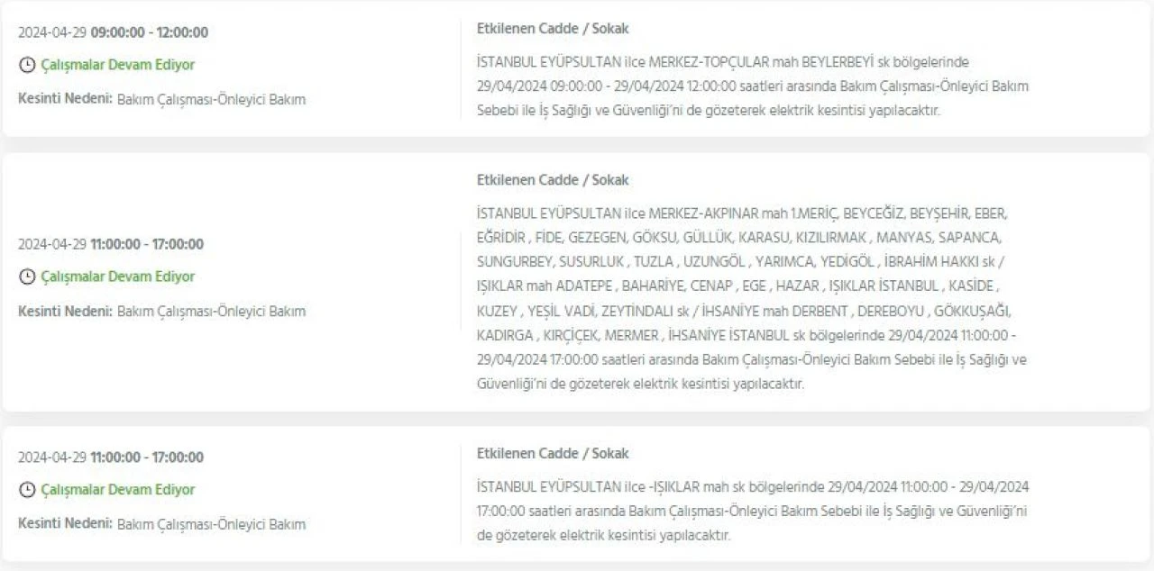 29 Nisan Pazartesi günü İstanbul'da Avcılar, Bakırköy, Fatih, Bağcılar, Esenyurt dahil 21 ilçede elektrik kesintisi yaşanacak