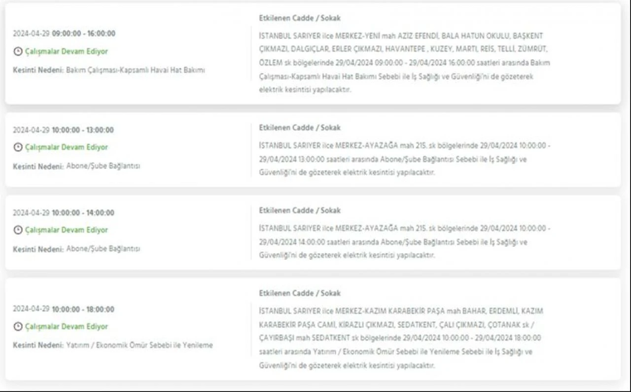 29 Nisan Pazartesi günü İstanbul'da Avcılar, Bakırköy, Fatih, Bağcılar, Esenyurt dahil 21 ilçede elektrik kesintisi yaşanacak