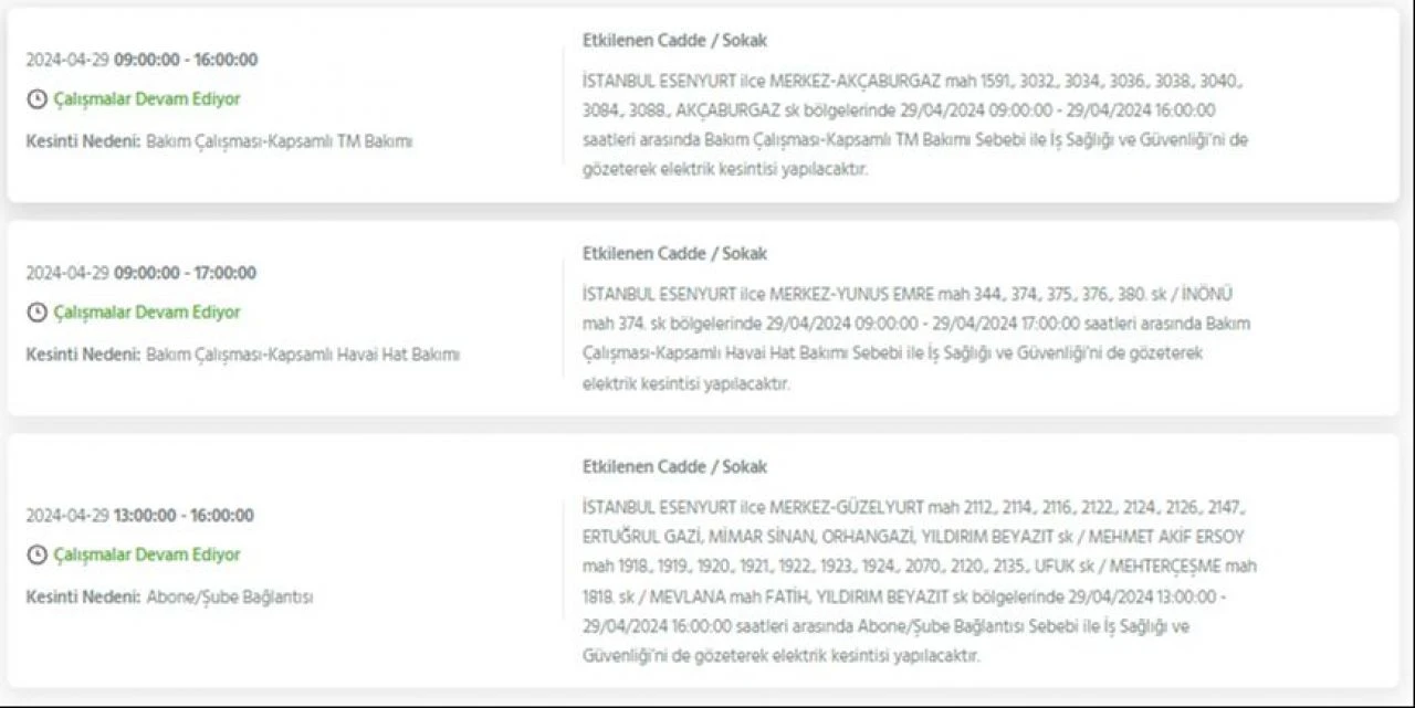 29 Nisan Pazartesi günü İstanbul'da Avcılar, Bakırköy, Fatih, Bağcılar, Esenyurt dahil 21 ilçede elektrik kesintisi yaşanacak
