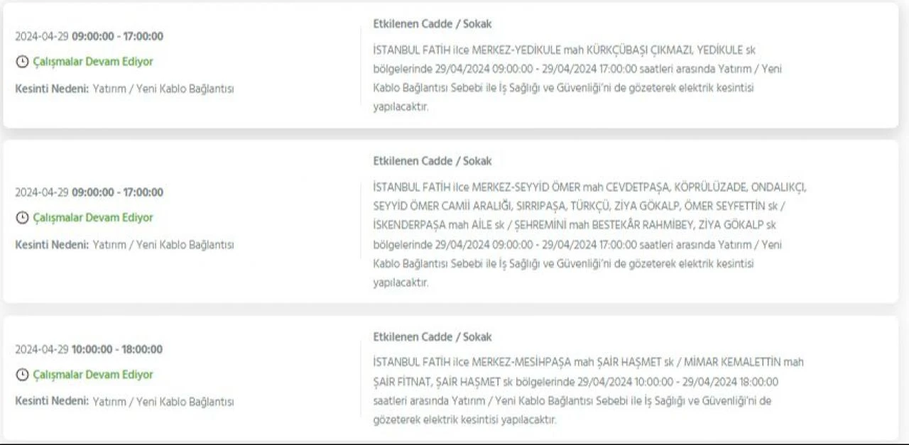 29 Nisan Pazartesi günü İstanbul'da Avcılar, Bakırköy, Fatih, Bağcılar, Esenyurt dahil 21 ilçede elektrik kesintisi yaşanacak