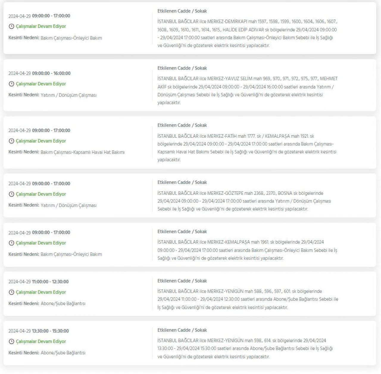 29 Nisan Pazartesi günü İstanbul'da Avcılar, Bakırköy, Fatih, Bağcılar, Esenyurt dahil 21 ilçede elektrik kesintisi yaşanacak