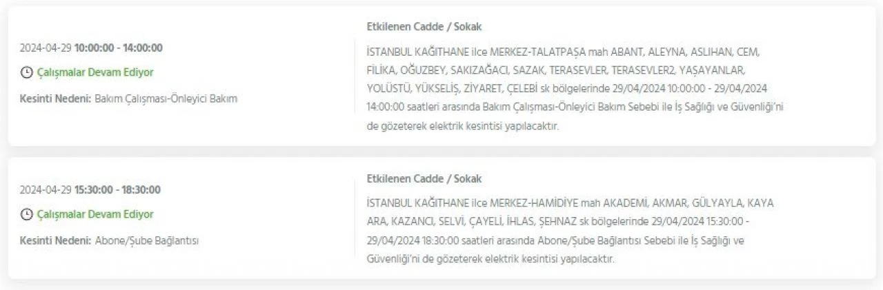 29 Nisan Pazartesi günü İstanbul'da Avcılar, Bakırköy, Fatih, Bağcılar, Esenyurt dahil 21 ilçede elektrik kesintisi yaşanacak