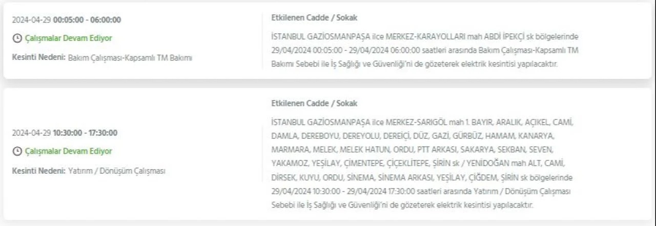 29 Nisan Pazartesi günü İstanbul'da Avcılar, Bakırköy, Fatih, Bağcılar, Esenyurt dahil 21 ilçede elektrik kesintisi yaşanacak