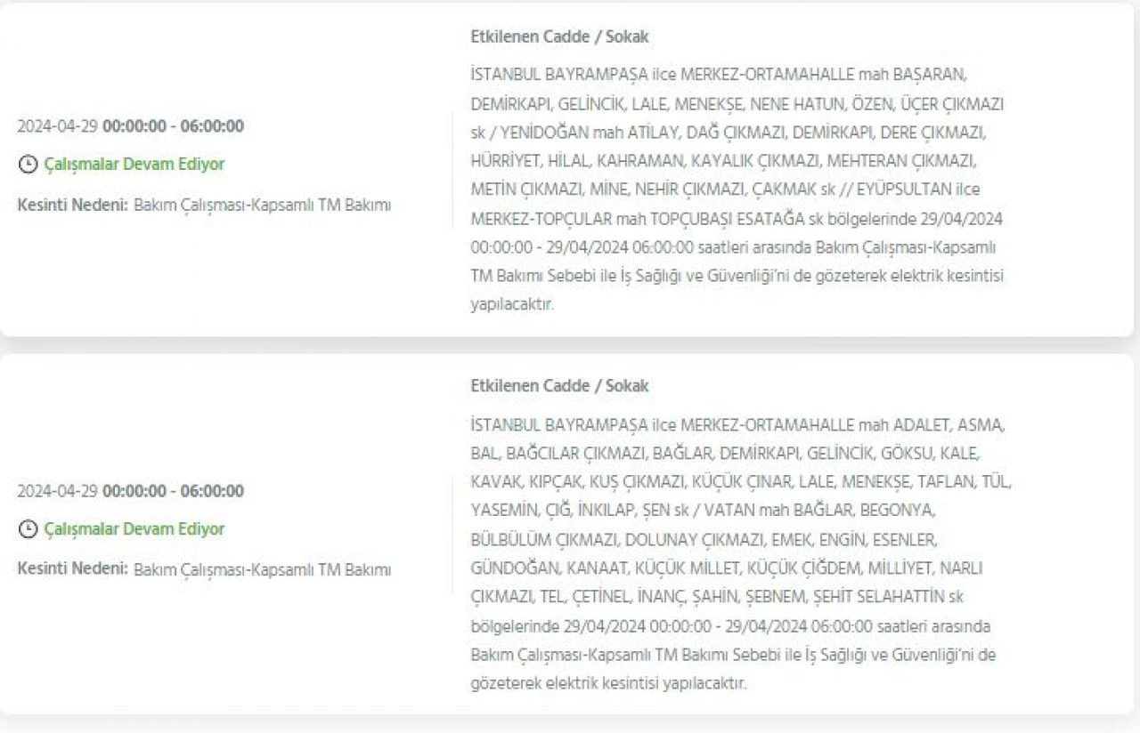 29 Nisan Pazartesi günü İstanbul'da Avcılar, Bakırköy, Fatih, Bağcılar, Esenyurt dahil 21 ilçede elektrik kesintisi yaşanacak