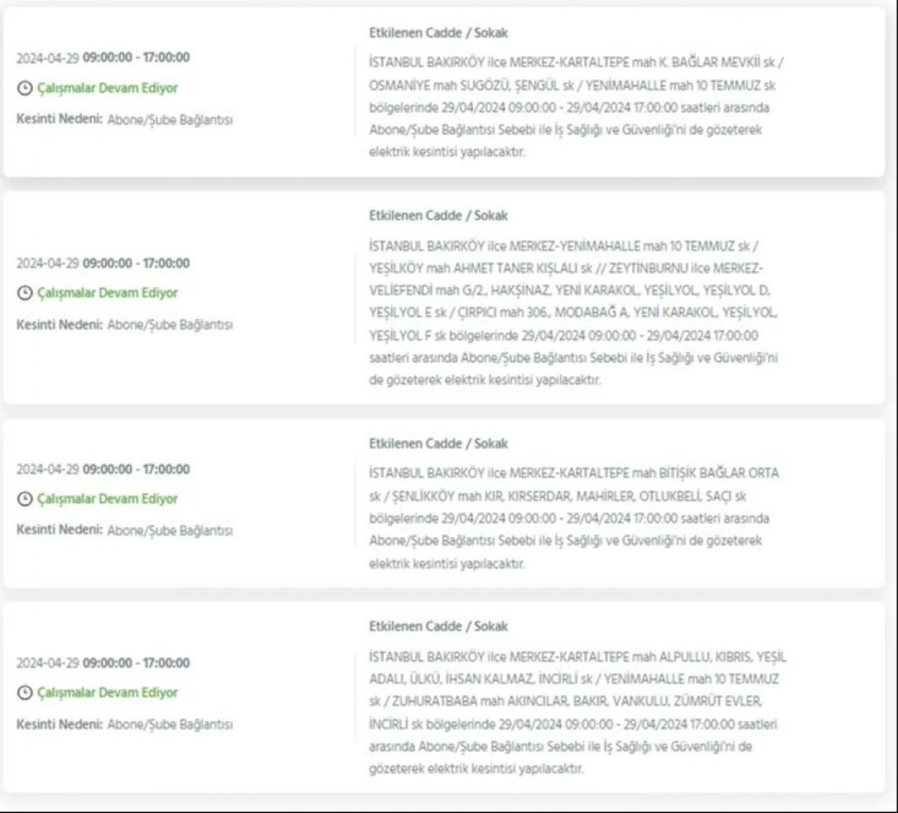 29 Nisan Pazartesi günü İstanbul'da Avcılar, Bakırköy, Fatih, Bağcılar, Esenyurt dahil 21 ilçede elektrik kesintisi yaşanacak