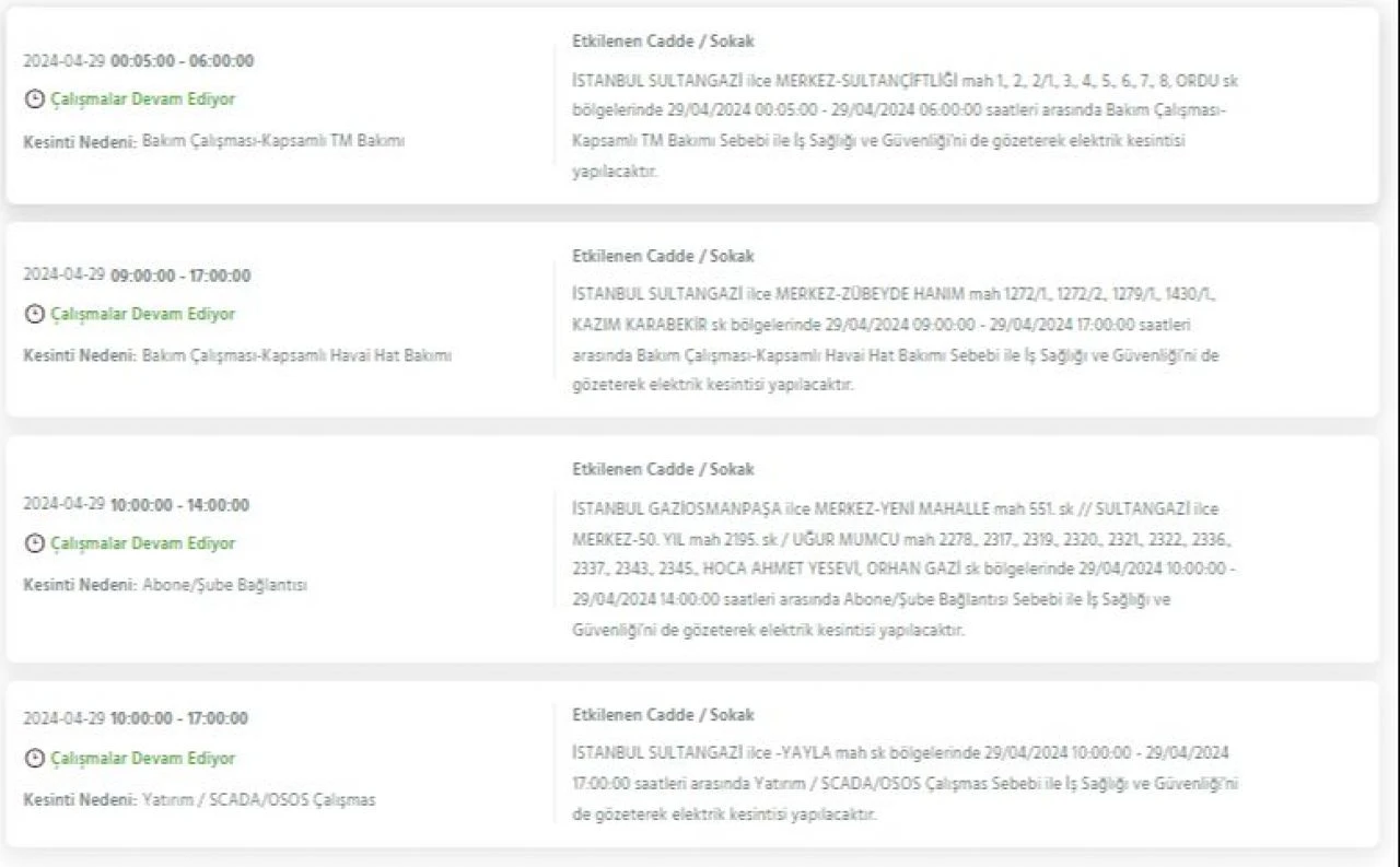 29 Nisan Pazartesi günü İstanbul'da Avcılar, Bakırköy, Fatih, Bağcılar, Esenyurt dahil 21 ilçede elektrik kesintisi yaşanacak