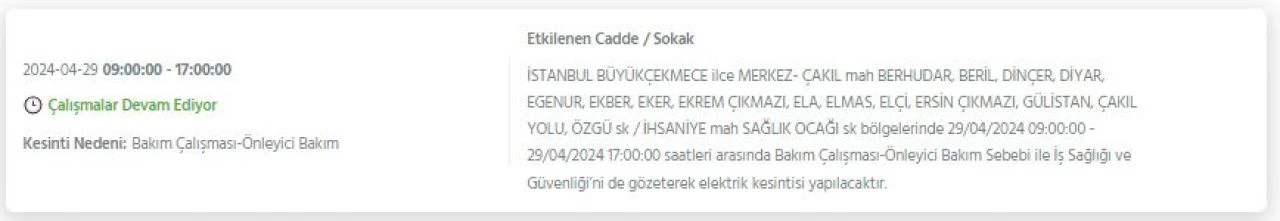 29 Nisan Pazartesi günü İstanbul'da Avcılar, Bakırköy, Fatih, Bağcılar, Esenyurt dahil 21 ilçede elektrik kesintisi yaşanacak