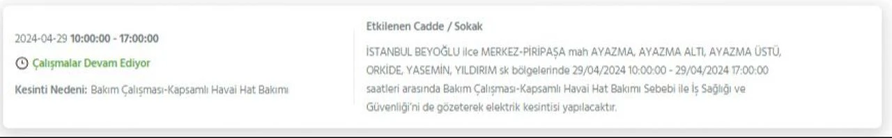 29 Nisan Pazartesi günü İstanbul'da Avcılar, Bakırköy, Fatih, Bağcılar, Esenyurt dahil 21 ilçede elektrik kesintisi yaşanacak