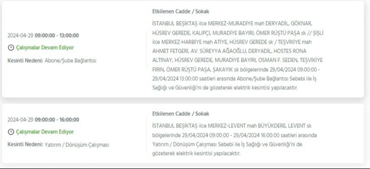 29 Nisan Pazartesi günü İstanbul'da Avcılar, Bakırköy, Fatih, Bağcılar, Esenyurt dahil 21 ilçede elektrik kesintisi yaşanacak