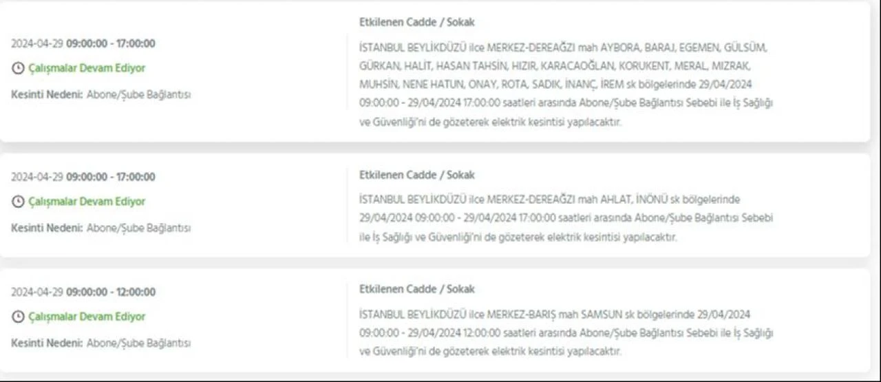 29 Nisan Pazartesi günü İstanbul'da Avcılar, Bakırköy, Fatih, Bağcılar, Esenyurt dahil 21 ilçede elektrik kesintisi yaşanacak