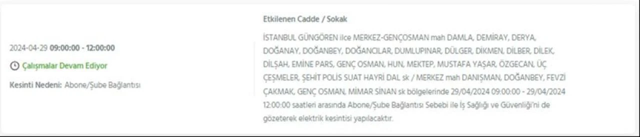 29 Nisan Pazartesi günü İstanbul'da Avcılar, Bakırköy, Fatih, Bağcılar, Esenyurt dahil 21 ilçede elektrik kesintisi yaşanacak