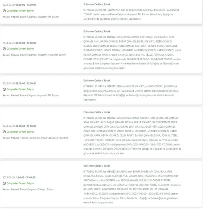 29 Nisan Pazartesi günü İstanbul'da Avcılar, Bakırköy, Fatih, Bağcılar, Esenyurt dahil 21 ilçede elektrik kesintisi yaşanacak