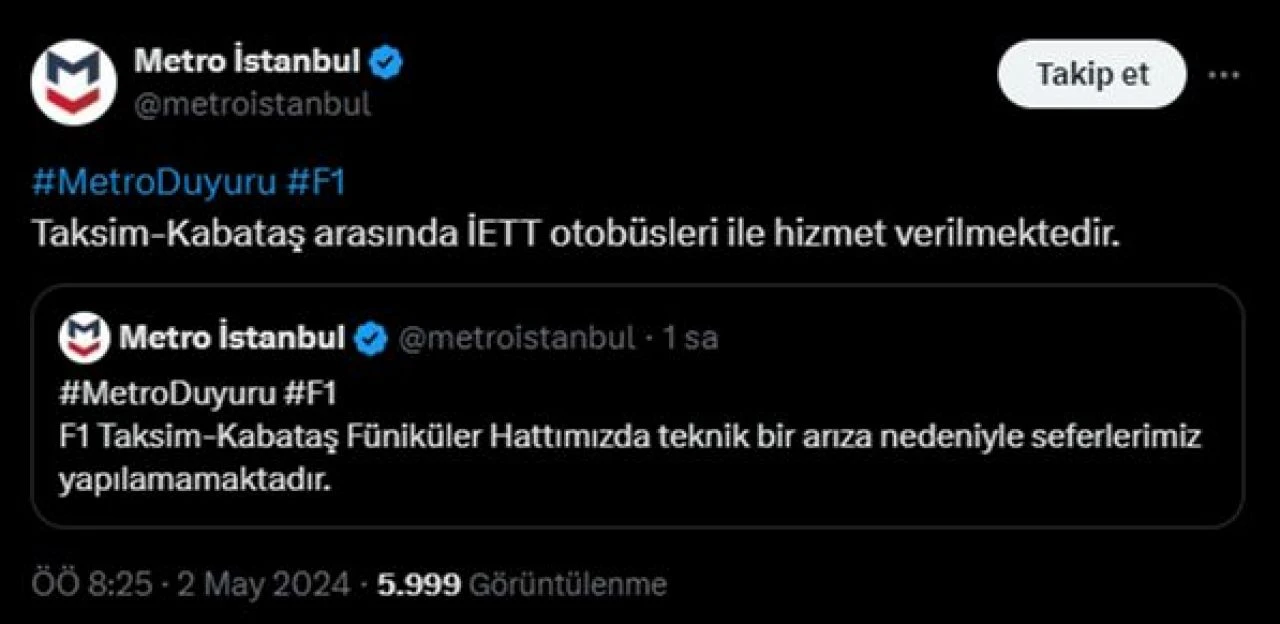 Taksim-Kabataş Füniküler hattında teknik arıza nedeniyle seferler yapılamıyor