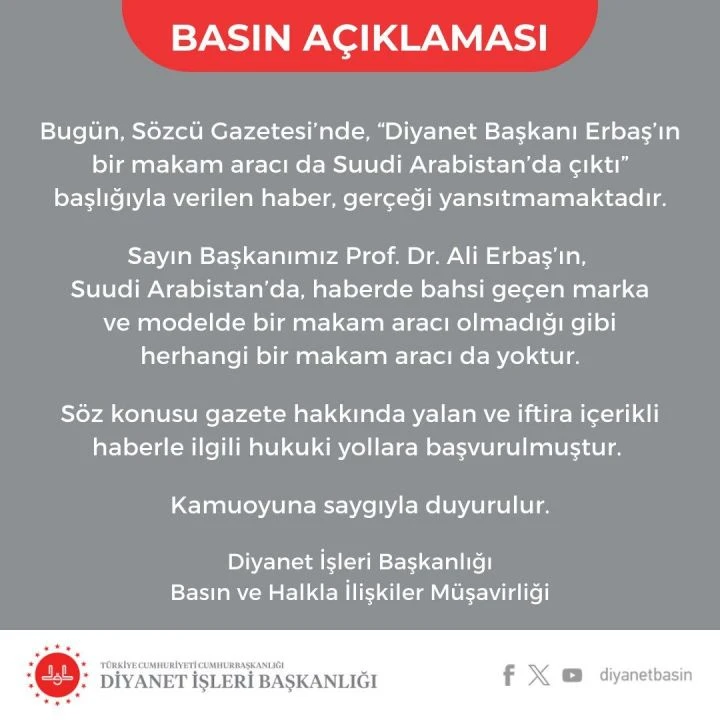 Diyanet İşleri Başkanlığı’ndan iftiralara yanıt! Hukuki süreç başlatıldı