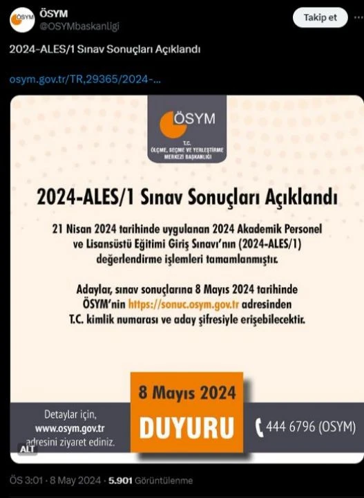 2024 ALES sınavının sonuçları ÖSYM'nin resmi internet sitesinden T.C. kimlik numarası ve aday şifresi ile öğreniliyor