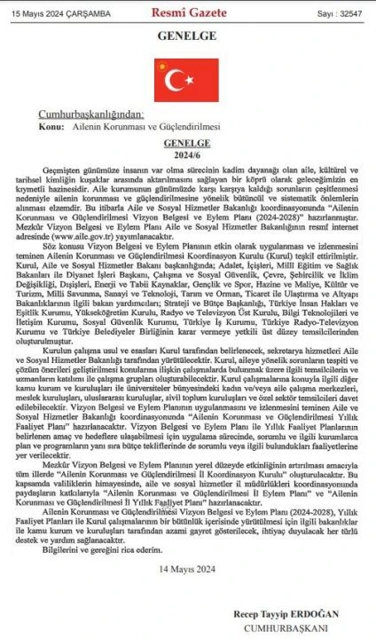 Cumhurbaşkanı Erdoğan'dan aileyle ilgili yeni genelge Resmi Gazete'de