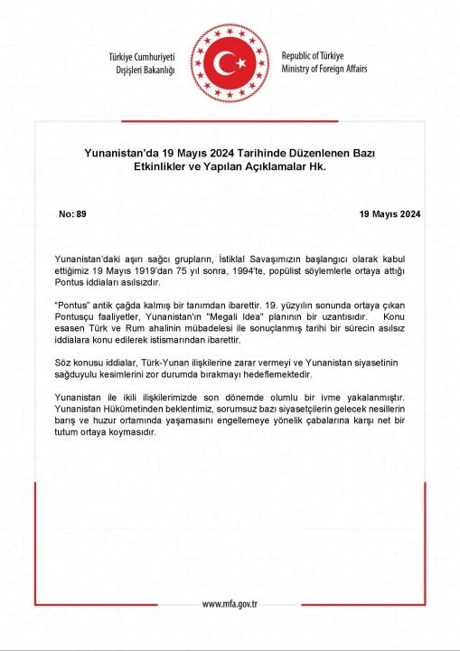 Dışişleri Bakanlığı'ndan Yunanistan'ın akıl dışı 19 Mayıs iddiasına cevap - 1. Resim