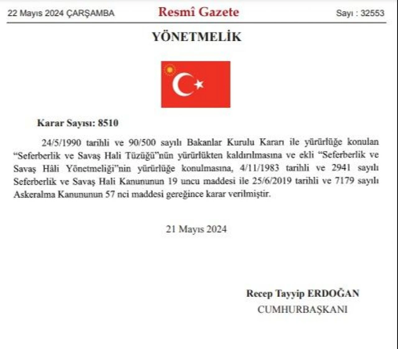Cumhurbaşkanı Erdoğan'ın imzasıyla Seferberlik Yönetmeliği Resmi Gazete'de yayınlandı - 1. Resim
