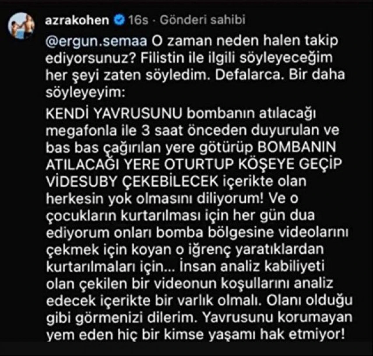 Azra Kohen'in İsrail destekçisi paylaşımları sosyal medyada tepki çekti - 1. Resim