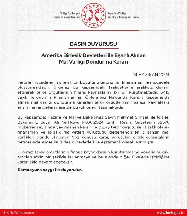 ABD ile ortak karar: Terör örgütüyle irtibatlı 3 kişinin mal varlığı durduruldu - 1. Resim