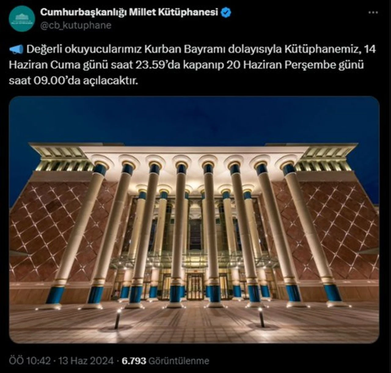 Bayramda Millet Kütüphanesi kapalı olacak