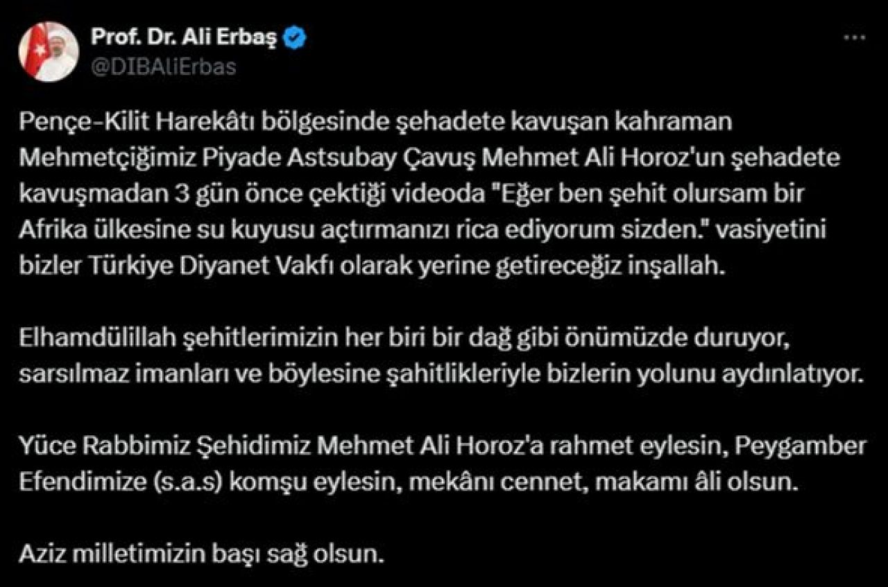 Ali Erbaş duyurdu! Şehit astsubayın su kuyusu vasiyeti yerine getirilecek - 2. Resim