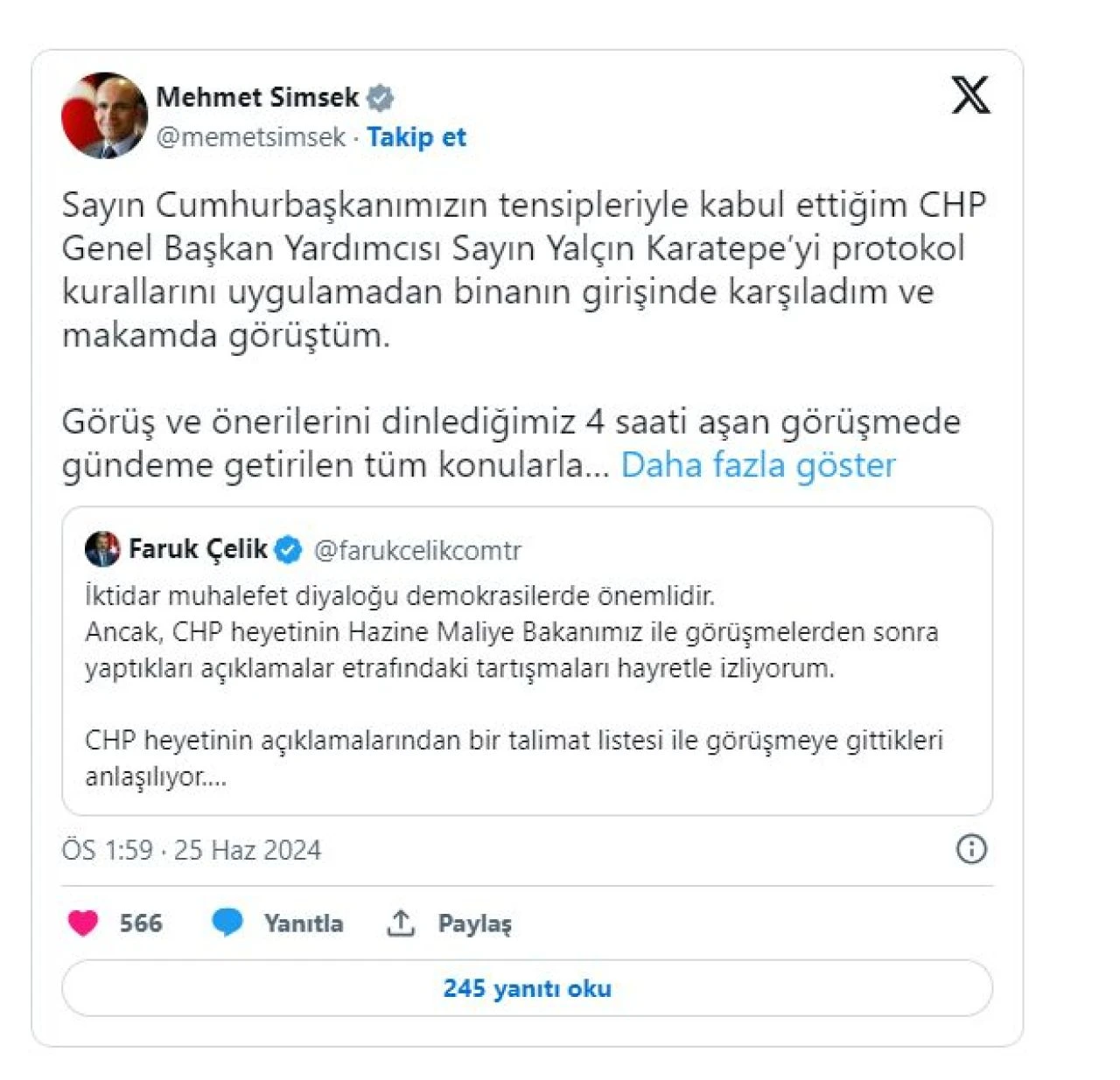 Bakan Şimşek'ten CHP'li Yalçın Karatepe görüşmesine ilişkin açıklama - 1. Resim