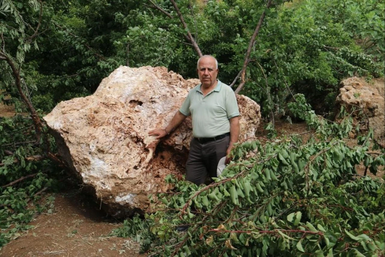 Kayısı toplarken ölümle burun buruna geldiler! Tam 10 tonluk kaya bahçeye düştü... "Gökten geldi"
