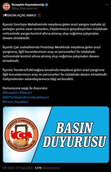 Mardin'in Nusaybin ilçesine bağlı Yandere bölgesinde çıkan yangını söndürme çalışmaları devam ediyor