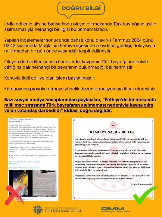 İletişim Başkanlığı'ndan Fethiye'deki Türk bayrağı kavgası haberlerine yalanlama