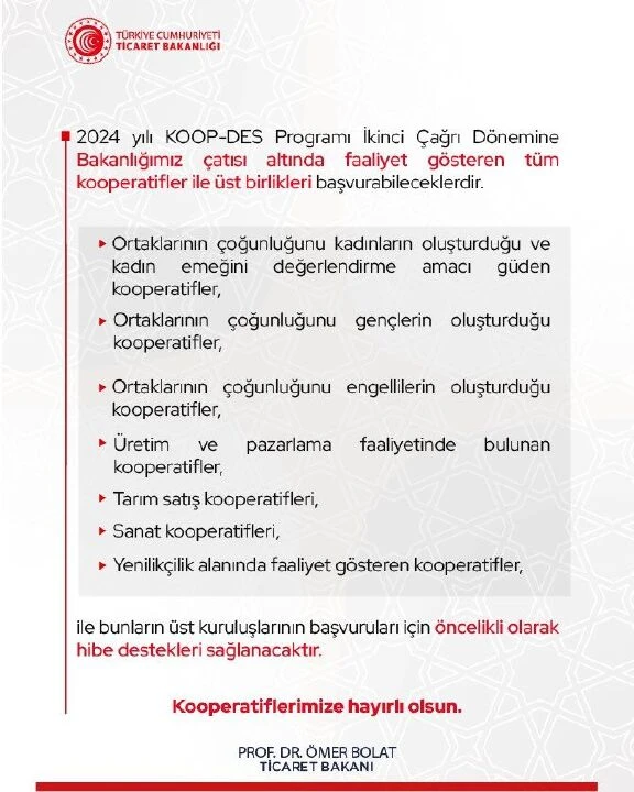 KOOP-DES İkinci Çağrı Dönemi başvuruları başladı! Kooperatiflere nakdi destek geliyor