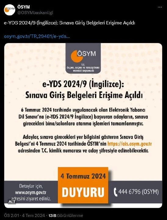 ÖSYM tarafından e-YDS 2024/9 İngilizce giriş belgeleri açıklandı