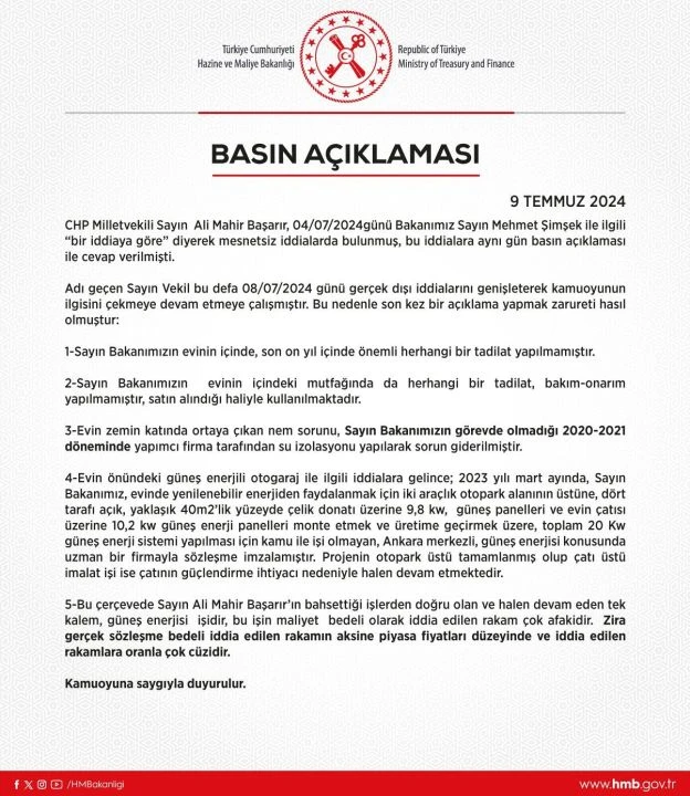 Hazine ve Maliye Bakanlığı, Ali Mahir Başarır'ın Mehmet Şimşek hakkındaki iddialarına cevap verdi