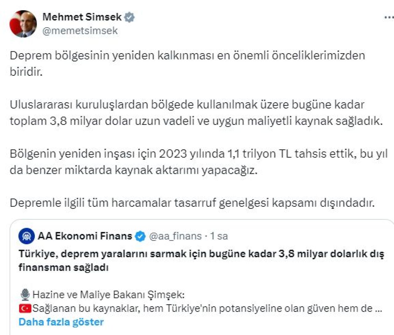 Bakan Mehmet Şimşek, deprem bölgeleri için 3,8 milyar dolarlık yatırım sağlandığını açıkladı - 1. Resim