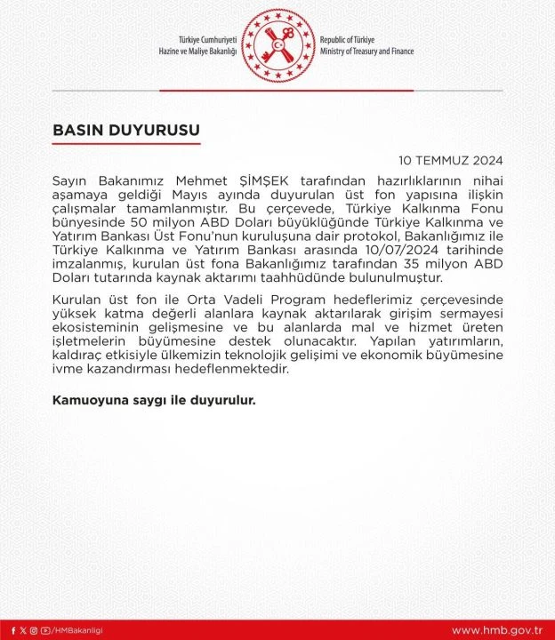 50 milyon dolarlık Türkiye Kalkınma Fonu ve Yatırım Bankası Üst Fonu kuruldu