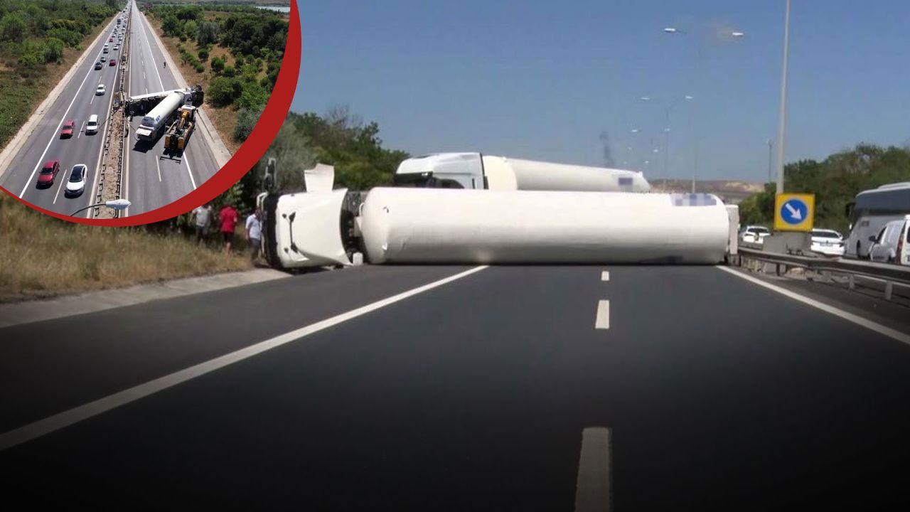 TEM otoyolunda gaz yüklü tanker devrildi! İstanbul istikametinde trafik durdu