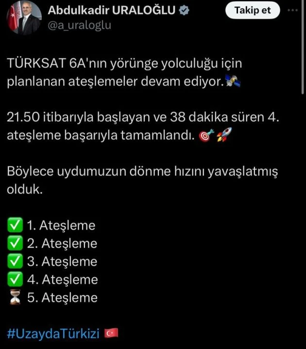 Türksat 6A’nın dördüncü ateşlemesi tamamlandı: Kasımda hizmete girmesi bekleniyor - 1. Resim