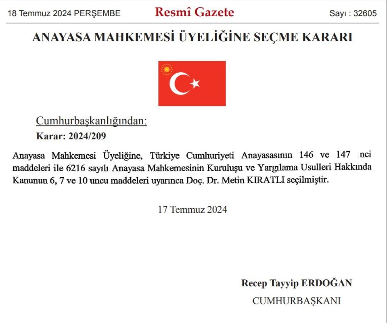 Metin Kıratlı Cumhurbaşkanı Erdoğan'ın imzasıyla Anayasa Mahkemesi üyeliğine seçildi - 2. Resim