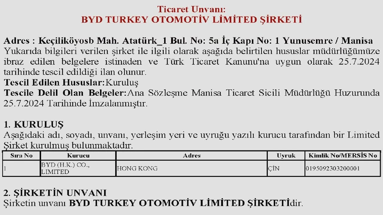 BYD yatırım kararı sonrası Türkiye'de şirket kurdu! Ülke müdürü de belirlendi - 1. Resim