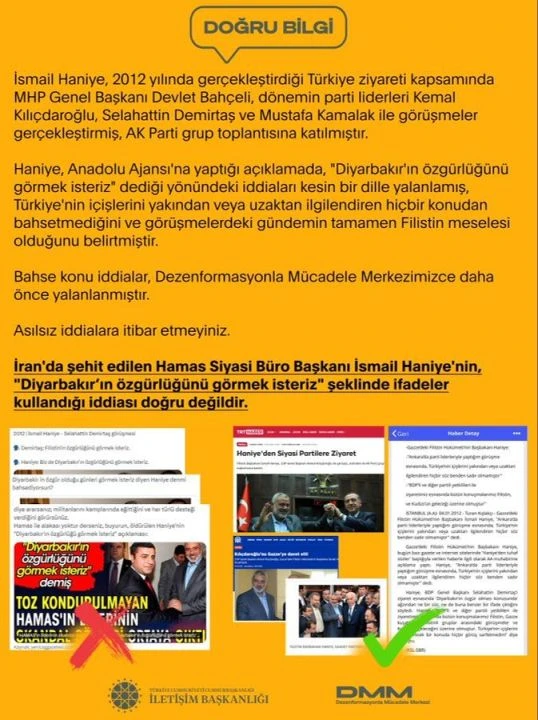 İletişim Başkanlığı'ndan öldürülen İsmail Haniye'nin Diyarbakır ile ilgili sözlerine yalanlama