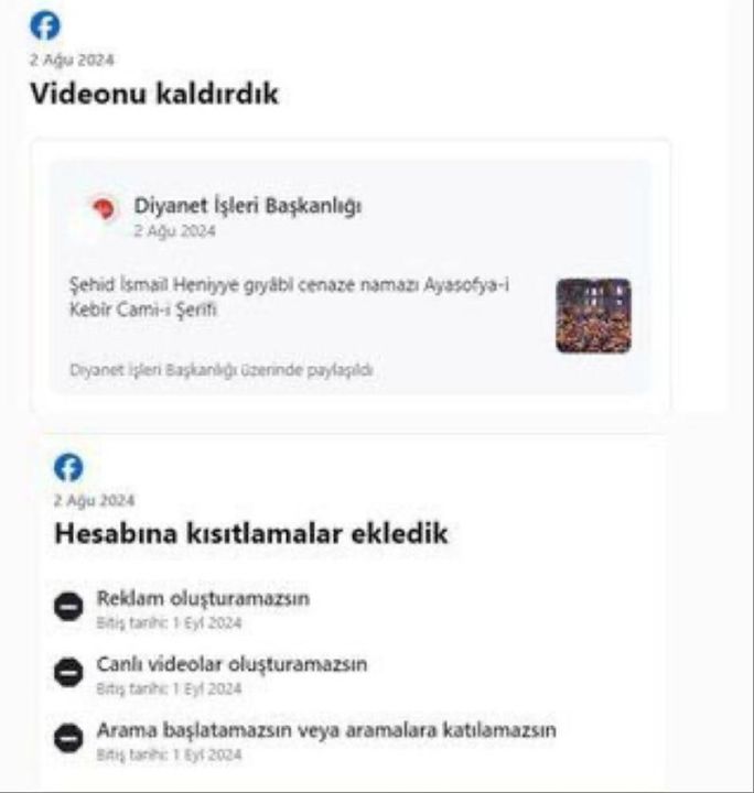 Bir sansür de Facebook'tan! Diyanet'in Haniye paylaşımını sildi, kısıtlama getirdi - 1. Resim